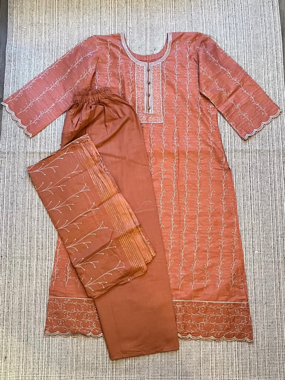 coral pink 3-piece desi dress, salwar qamees, pakistani indian dress